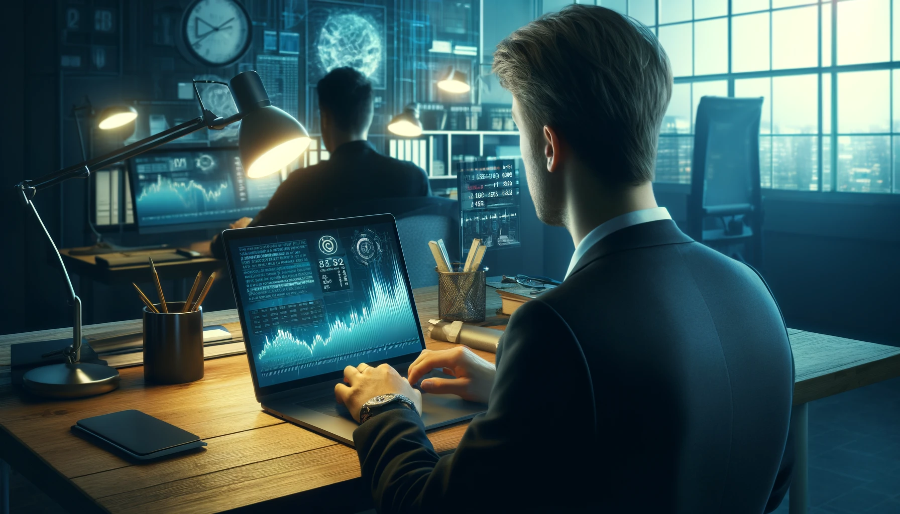 a man working on his laptop in a dark office.