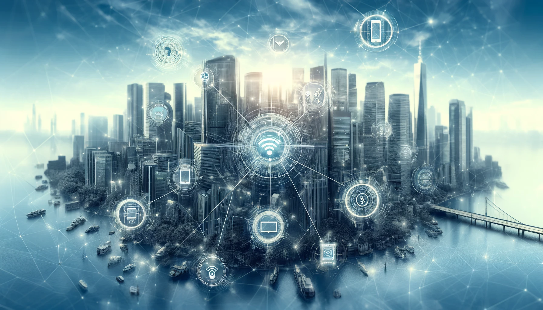 an image that visualizes a cashless society, showcasing a network of digital transactions and financial services seamlessly integrated into daily life.