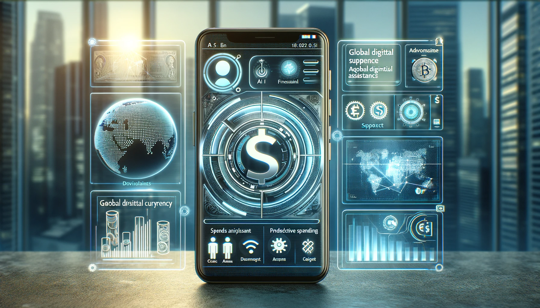a futuristic digital wallet interface on a smartphone, highlighting advanced features like global digital currency support, AI financial assistant icons, and predictive spending analysis.