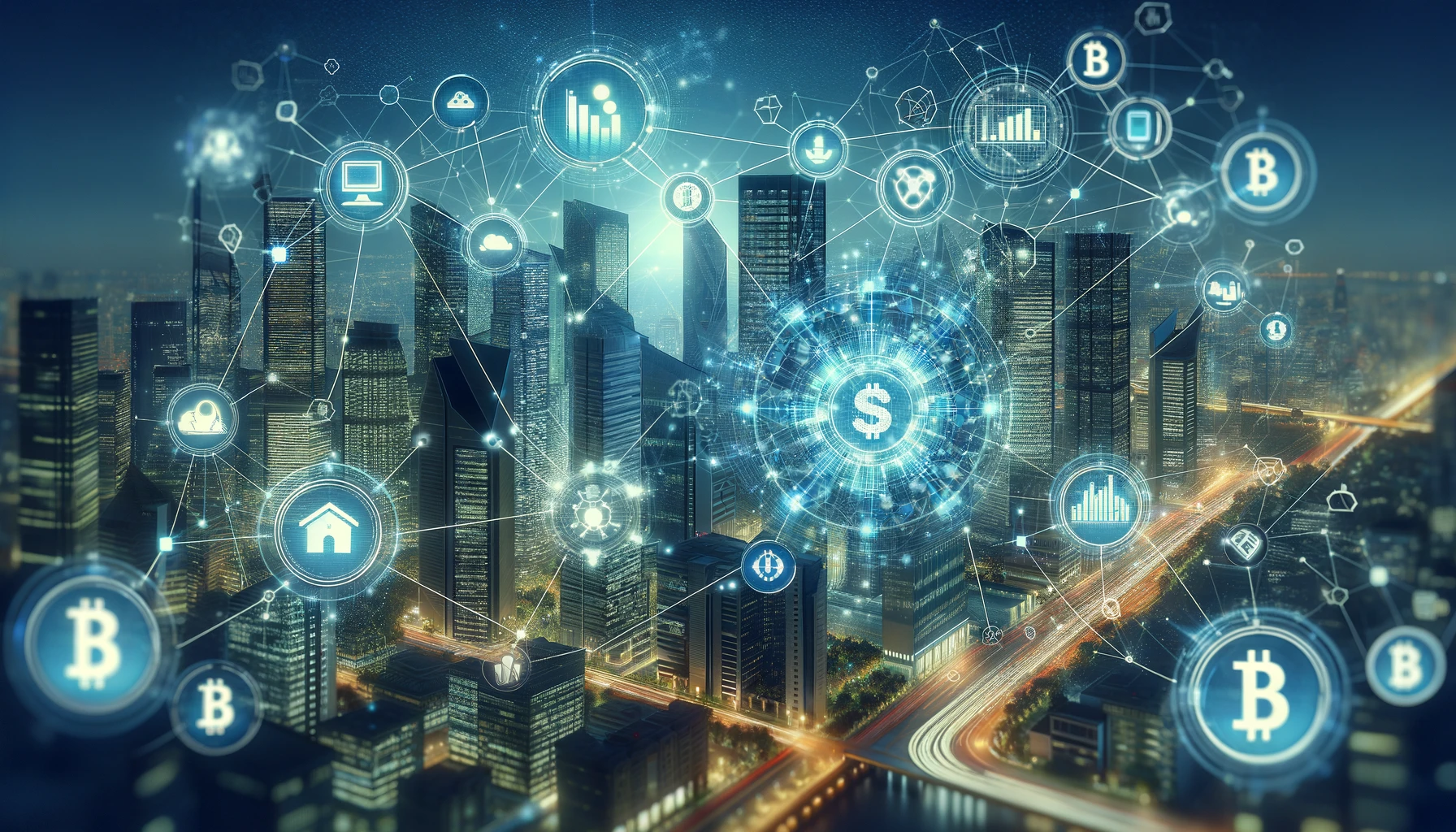 a digital landscape with blockchain network nodes, transparent financial transactions, and decentralized finance (DeFi) elements integrated into a futuristic financial ecosystem.
