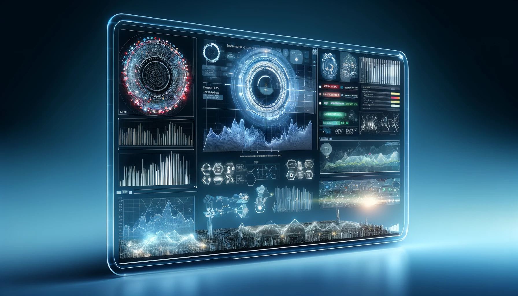 advanced market analysis tools in action, showcasing a futuristic dashboard with predictive analytics, big data visualization, and machine learning models.