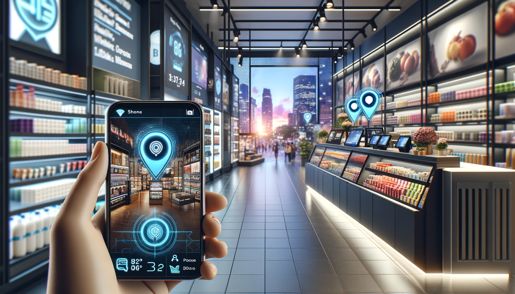 A modern retail space filled with an array of products. The store is equipped with smart shelves that automatically update product information. In the foreground, a smartphone displays an app with geotagging features.