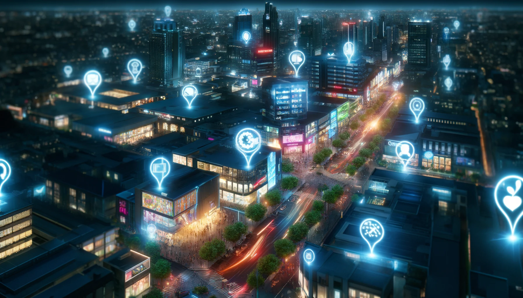 An imaginary view of a city at night, with lights illuminating the streets and buildings and geotagging above some buildings.