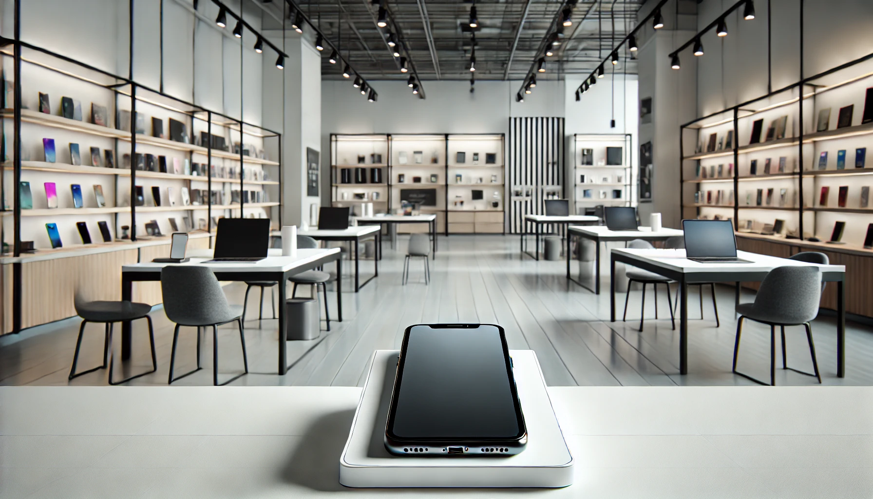 A sleek, minimalist technological retail space featuring smartphones, laptops, tablets, and smartwatches on contemporary shelves and tables, with a smartphone prominently displayed in the forefront.