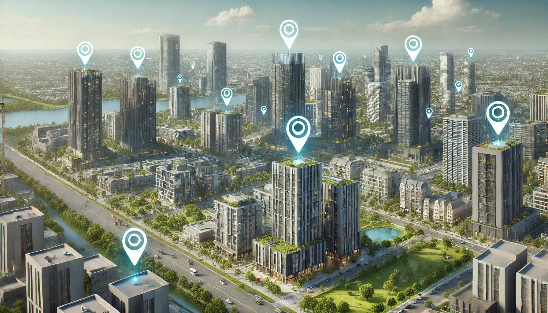A bustling modern cityscape with skyscrapers, residential buildings, green parks, and sleek geotagging markers displaying location information above some buildings under a clear sky.