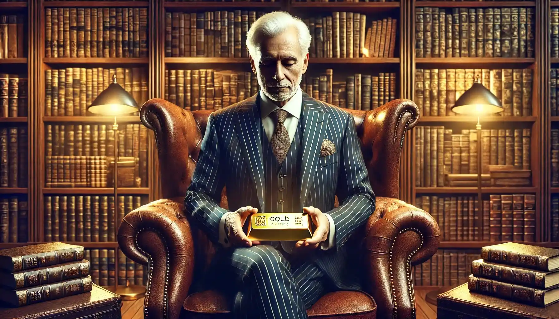An elderly man in an elegant suit sitting in a sophisticated library filled with classic investment books. He holds a gold bar in his hands, symbolizing financial wisdom and long-term wealth preservation.