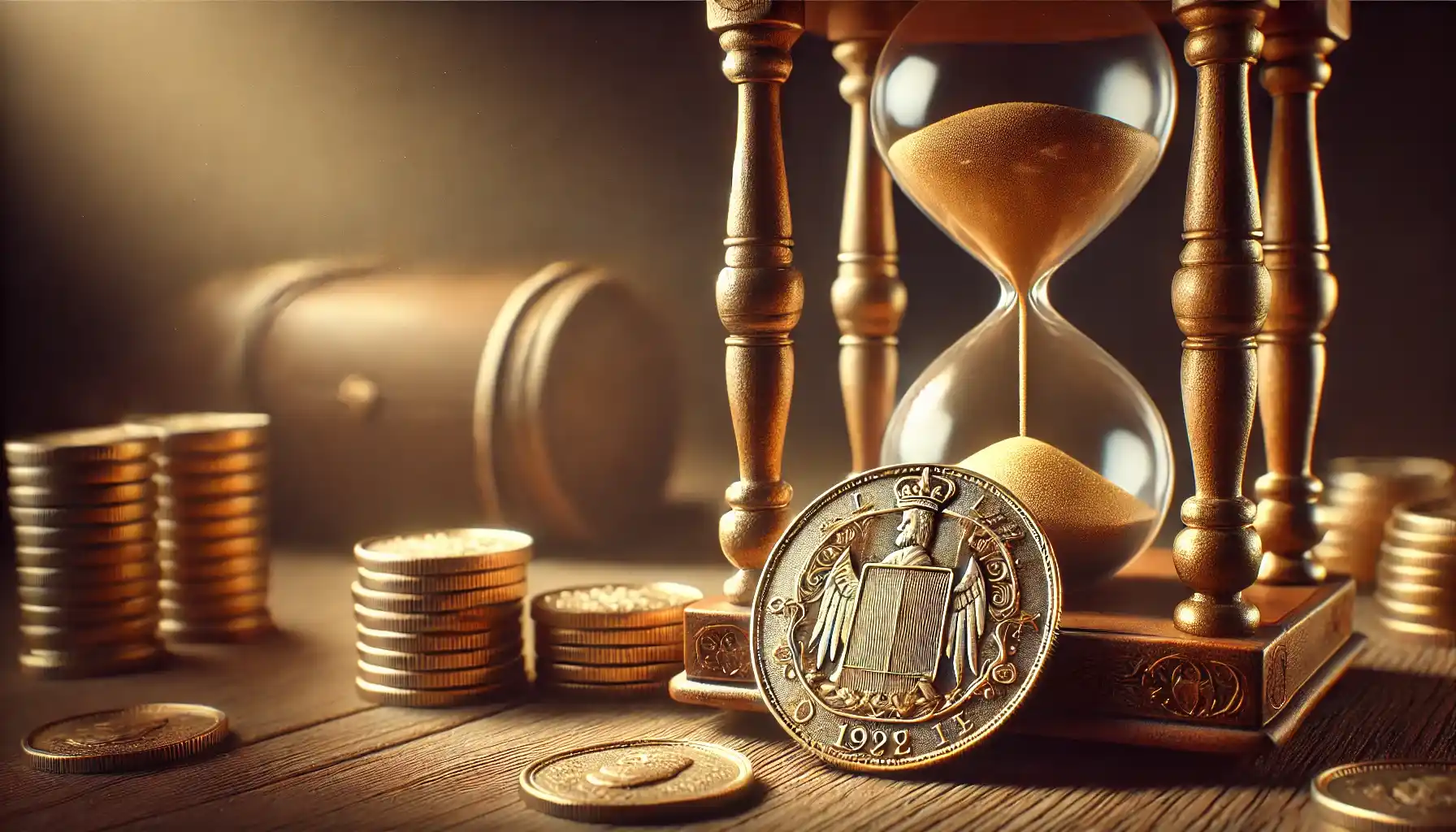 An antique collectible coin is placed on a wooden surface with an elegant hourglass in the background.