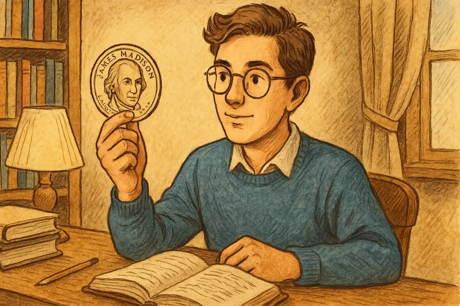 A student observes the James Madison $1 coin at home.