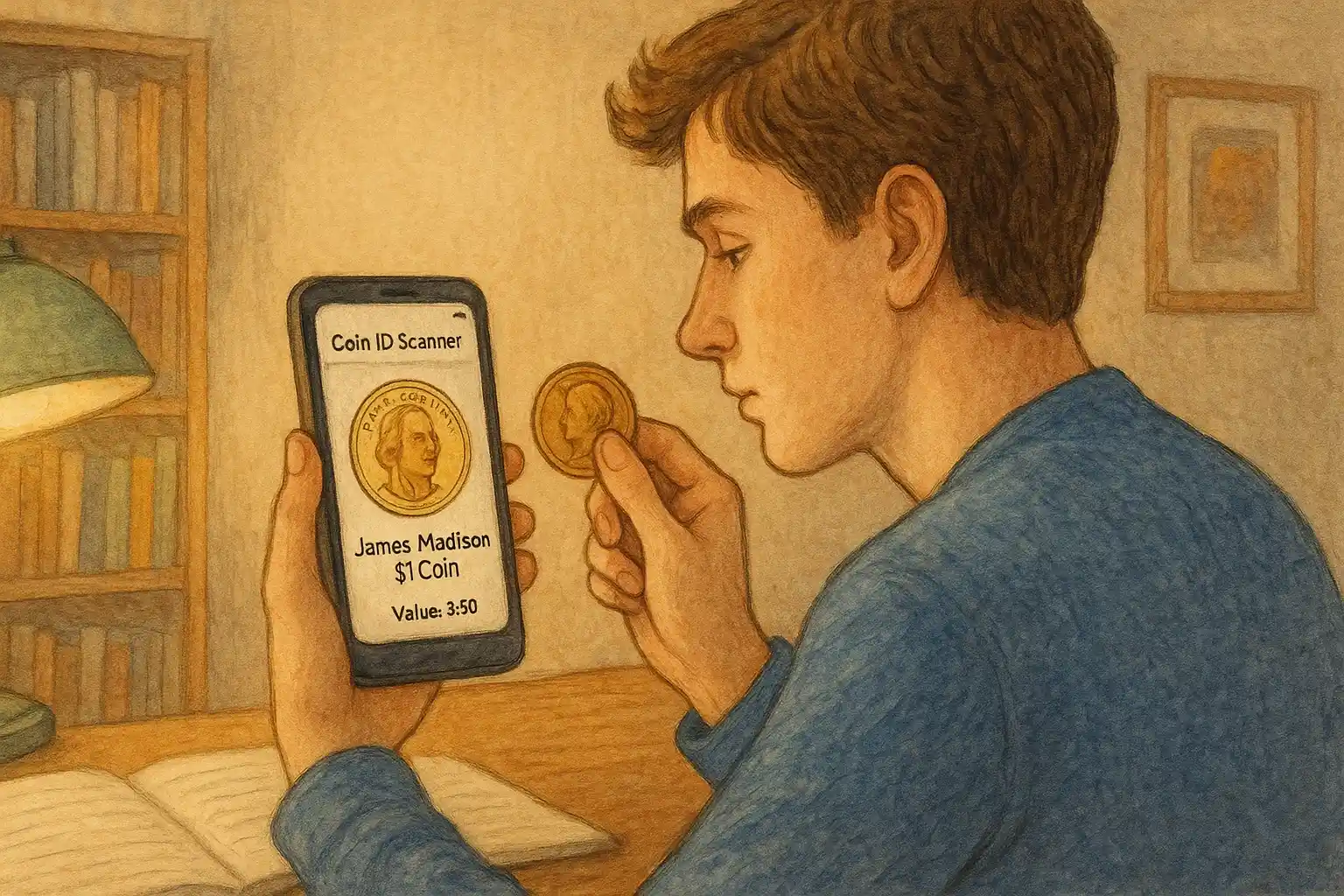 A student observes the James Madison $1 coin via Coin ID Scanner.