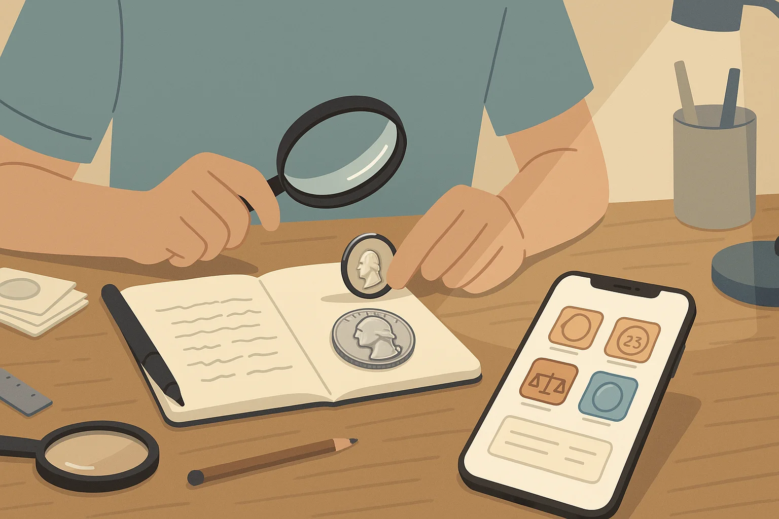 A collector observes a coin with the magnifying glass, an iPhone lies nearby.
